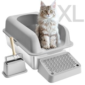VEVOR 6 in Deep Cat Litter Box Odor-Free Litter Box with Filtering Foot Board (Color: Light Gray)